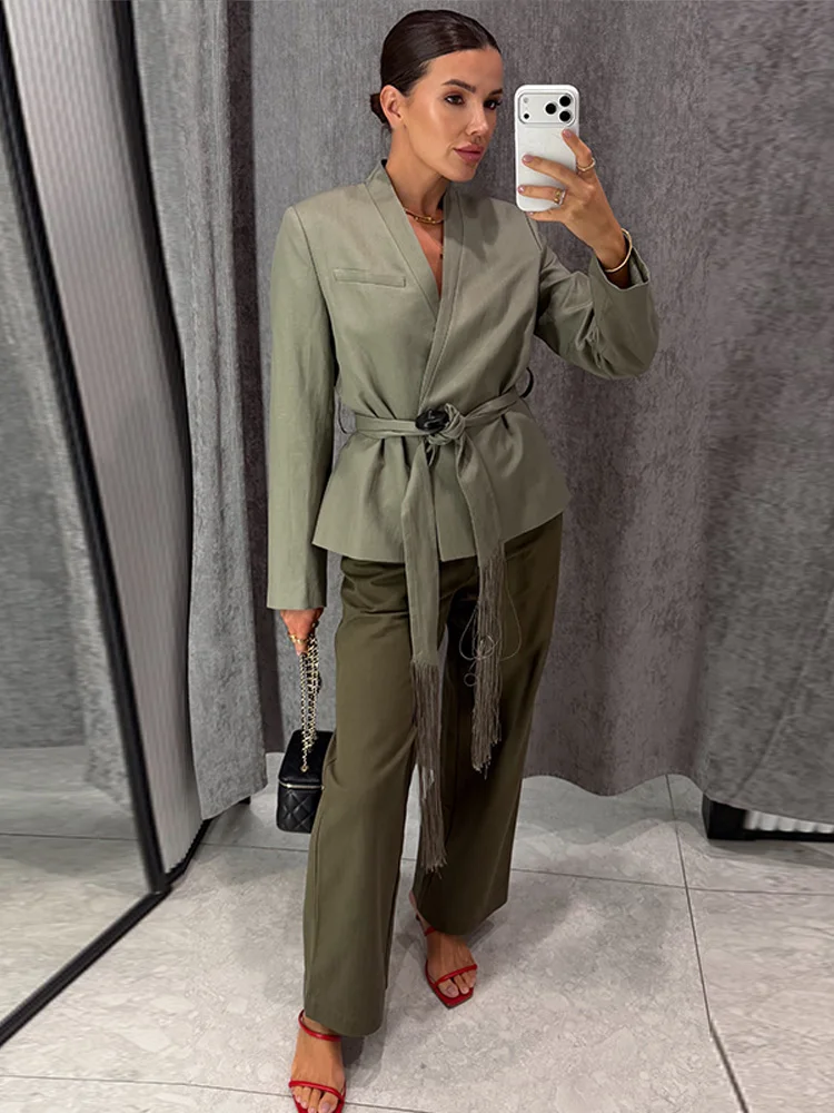 Quastenbesetzte Y-Ausschnitt-Mäntel für Damen, sexy V-Ausschnitt, seitliche Knopfleiste, lange Ärmel, Schnürung, einfarbig, schlanke Jacken, schicke Büro-Outfits, neue Oberbekleidung – Detail 8