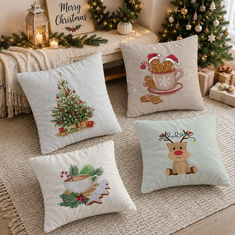 Christmas Santa and Deer Cushion Cover Soft Short Plush Double-Sided Printing Sofa Home Decor Festival Pillow Case Gifts