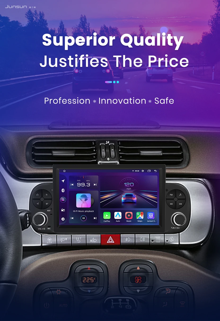 Junsun 7" Wireless Carplay Android Auto Autoradio für Fiat Panda 2013 2014 2015 2016-2020 Stereo GPS Multimedia Player 4G FM SWC – Detail 1