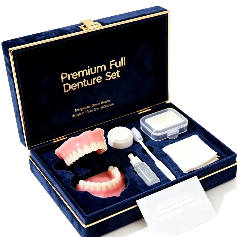 Natural Cosmetic Full Denture Kit Realistic Upper & Lower Teeth Set With Cleaning Tools Comfortable Instant Smile Veneers