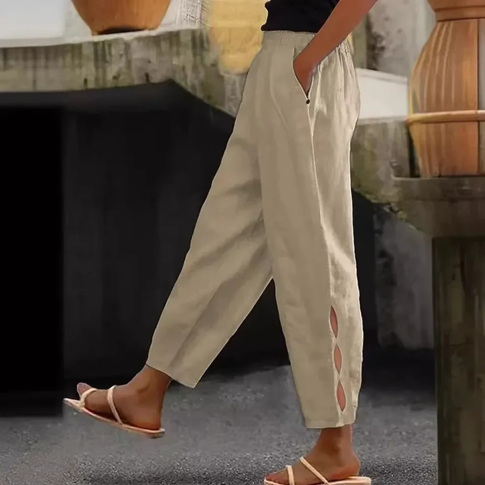 Spring Autumn Women's Cotton Linen 9-point Library Fashion Casual Daily Side Pocket Trousers With Hollow Button Trousers Female