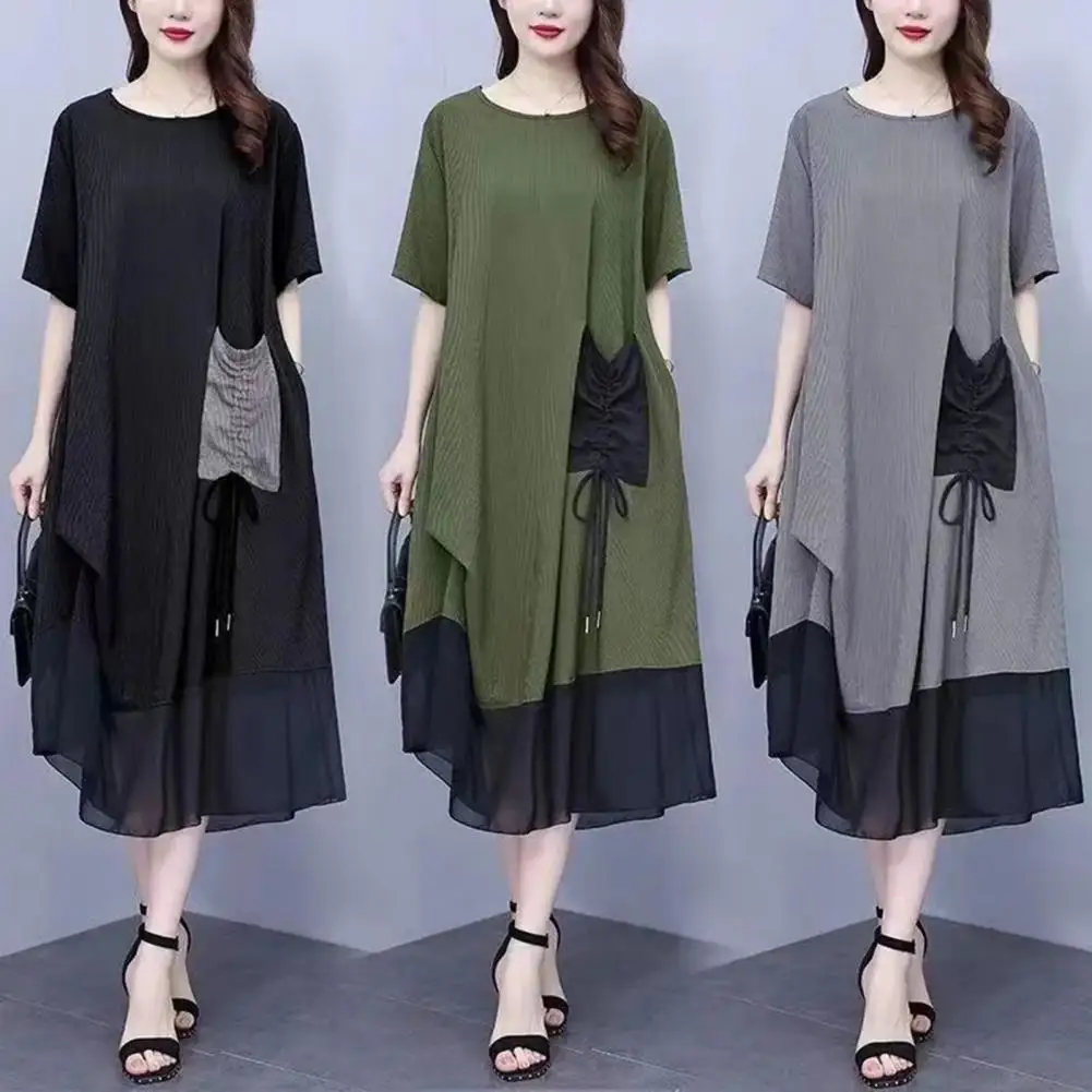 

Women Color Matching Midi Dress Casual Retro Color Matching Patch Pocket Long Dress Oversized Women's Slimming Mid Length Dress