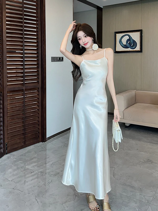 Ele Summer New Silk Satin Strap Dr Women's High Waist Fairy Skirt Sle No Sve mid Length Pure Color Evening Gown