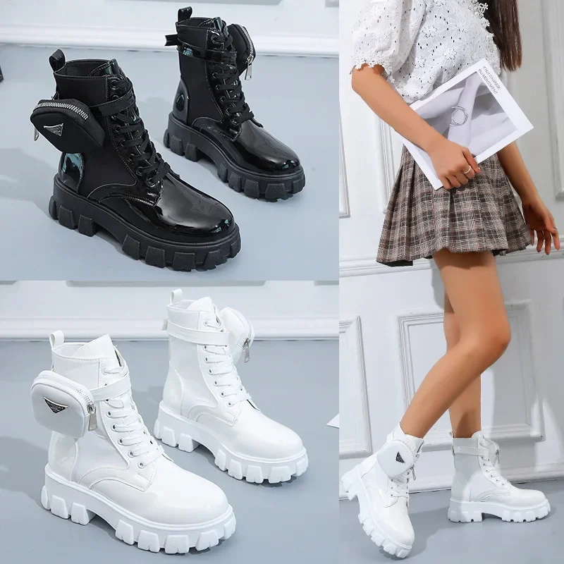 2023 New Women Thick-Soled Leather new Boots Casual Women Boots Women Fashion Lace-Up High Boots Nylon pouch heels flats booties