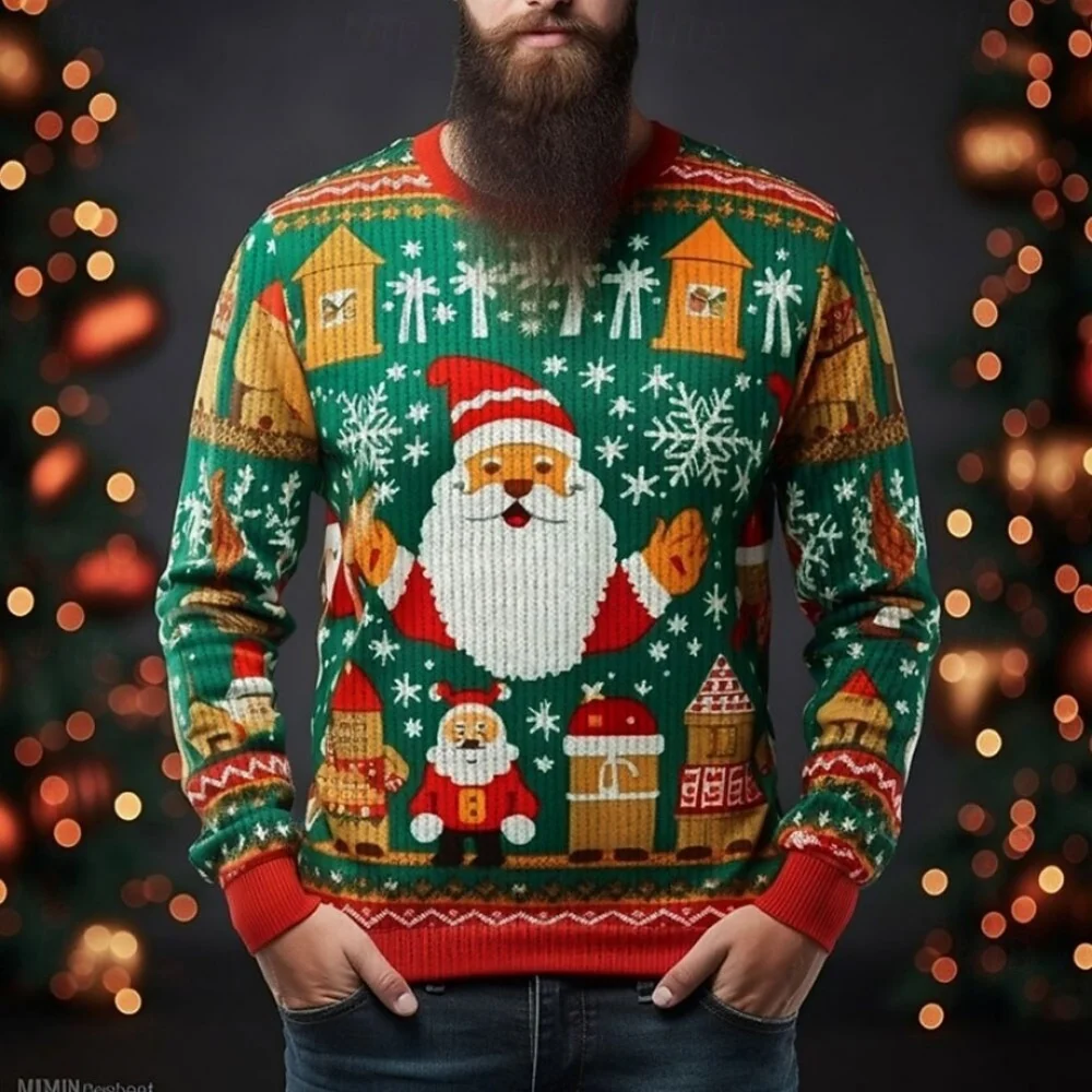 Christmas Theme Sweater Xmas Reindeer Printed Pullover Santa Holiday Sweatshirt Top Casual Autumn Snowflake Winter Menclothing
