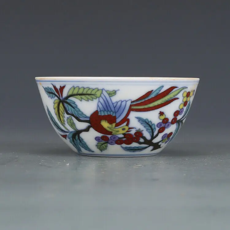 Chinese Blue and White Doucai Porcelain Ming Chenghua Phoenix Teacup Cup 3.15