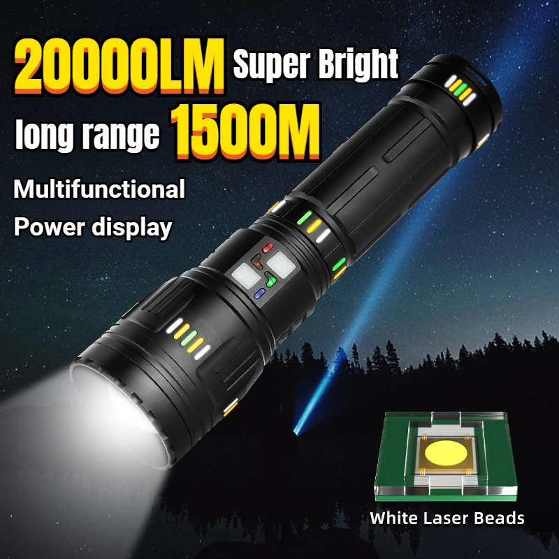 

High Power Spotlight Long Range LED Flashlight Charging Zoomable Flashlight With Glow Display Function 1500m For Camping