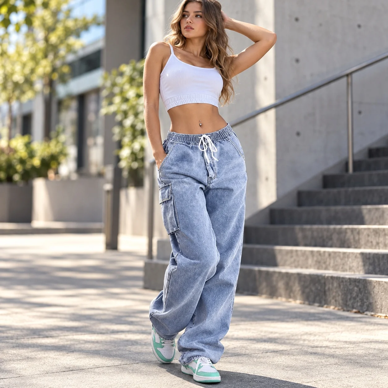 Tie Pants Wide Leg Edgy Street with Workwear American and European Style Elastic Waist Autumn Streetwear Full Length Women Pants