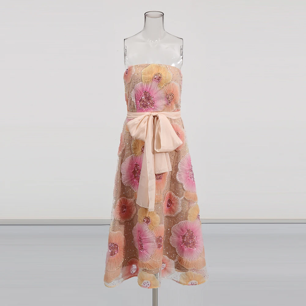 TWOTWINSTYLE Sukienki damskie w stylu colorblock, z siateczką, kwiatami, eleganckie, bez ramiączek, bez rękawów, patchworkowe, zdobione koralikami, moda damska