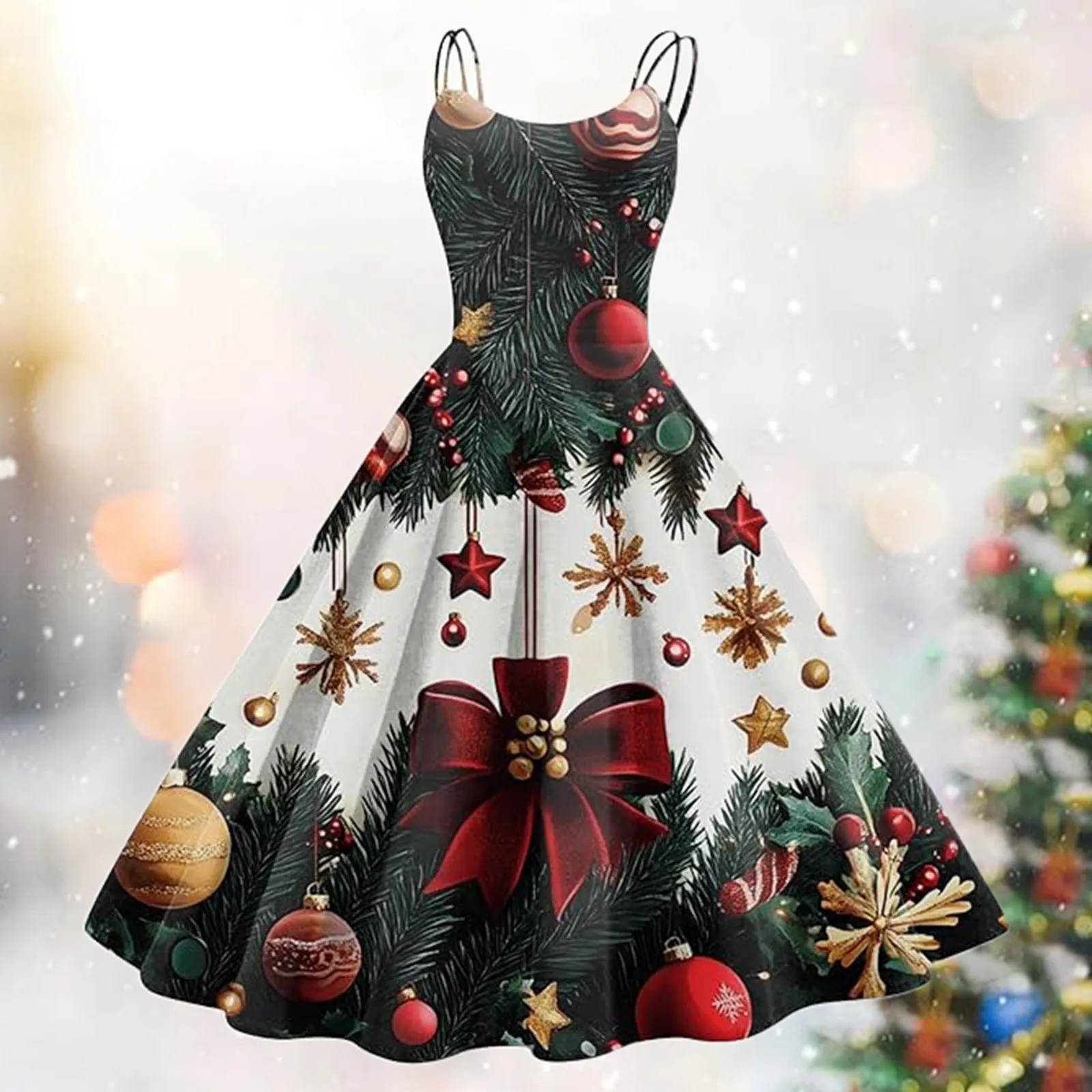 Ladies Christmas Snowman Printing Retro Dresses Fashionable A Line Dress U Neck Sleeveles Suspender Zipper Up Casual Dress