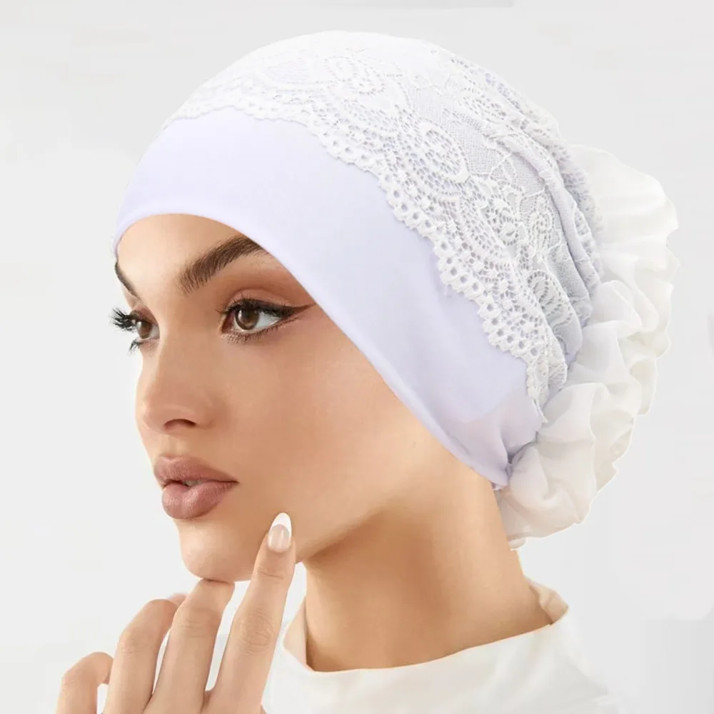 

Flower Design Elegant Hijab Cap Solid Color Breathable Pullover Hat Soft Lace Edge Headscarf Hat Women Headwear
