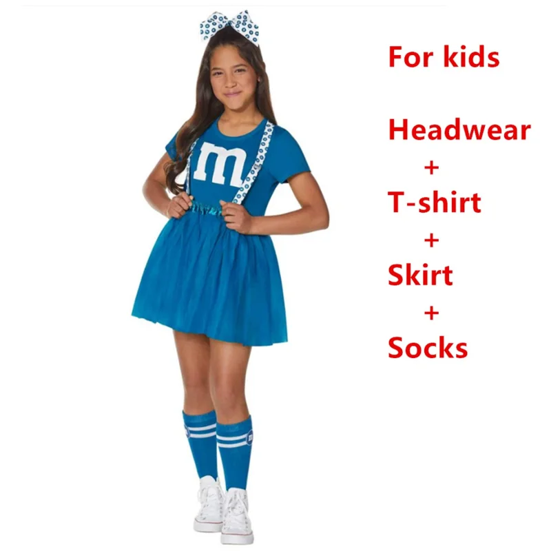 Costume de M & M's pour adultes et enfants, tenue de football, uniforme de pom-pom girl, robe, jeux de famille, vêtements parent-enfant