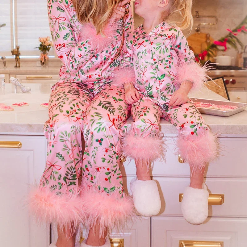 

Mommy and Me Christmas Pajama Sets Feather Trim 2 Piece Sleepwear Pjs Lounge Nightwear for Women Baby Girls