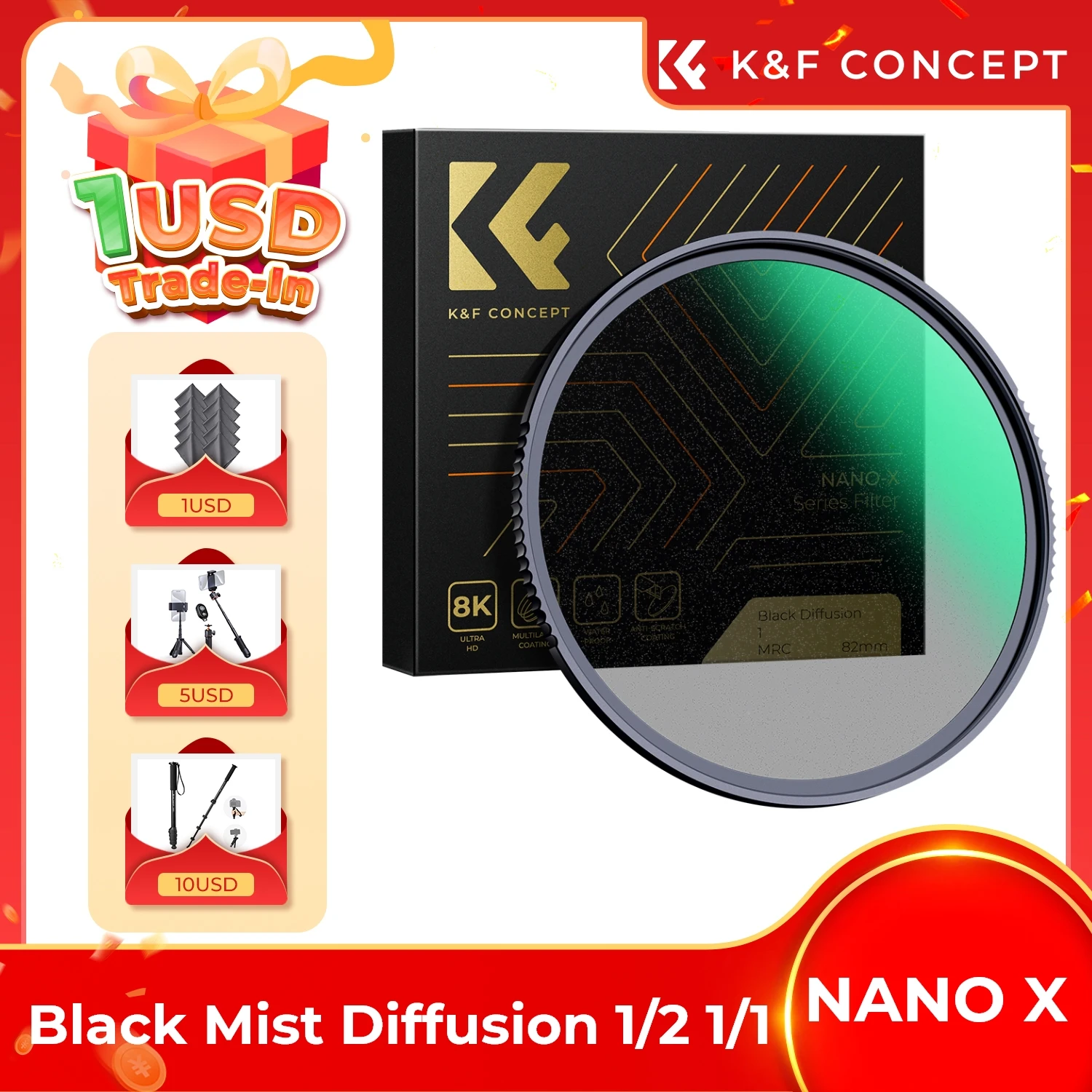 K&F Concept Black Mist Diffusion 1/2 1/1 Lens Filter Special Effect Shoot Video Camera Filter 49mm 52mm 58mm 62mm 67mm 77mm 82mm