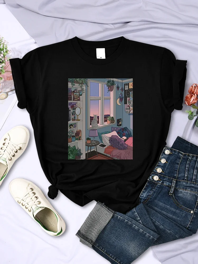 

Casual All-math Tops Crewneck Womens Tee Clothing with Cat Female Tshirt Summer Breathable Trend Sleeve Street Plus Size Tees