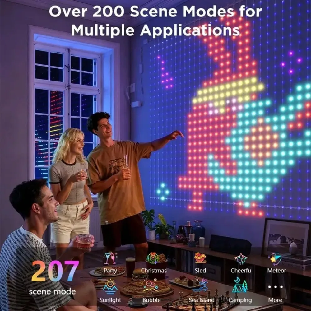 أضواء الستار الذكية RGBIC LED نافذة سلسلة أضواء APP التحكم عن بعد DIY نمط النص المشهد لعطلة عيد الميلاد الزفاف