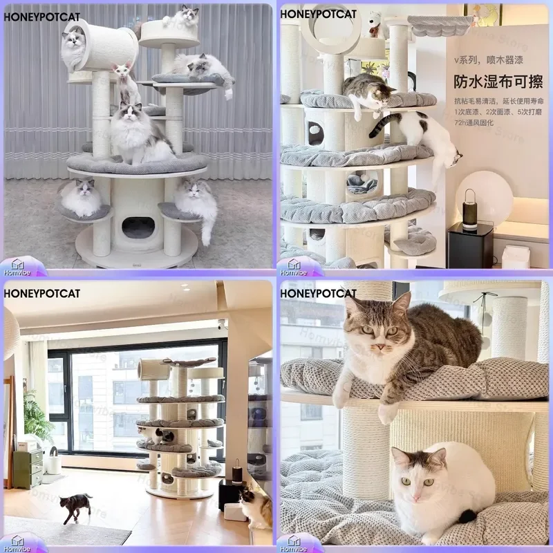Large Cat Tree Tower Solid Wood Multi Level Climbing Frame with Warm Nest Condo Scratching Post Furniture for Indoor Cats