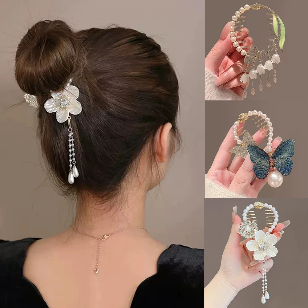 Pearl Hair Claw Clips Bow Rhinestone Flower Tassel Horsetail Buckle Bun Ponytail Holder Hair Clip Women Female Hair Accessories