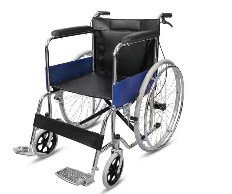 كرسي متحرك قياسي قابل للطي من سبائك الألومنيوم، كرسي متحرك يدوي خفيف الوزن لكبار السن مع فرامل يدوية