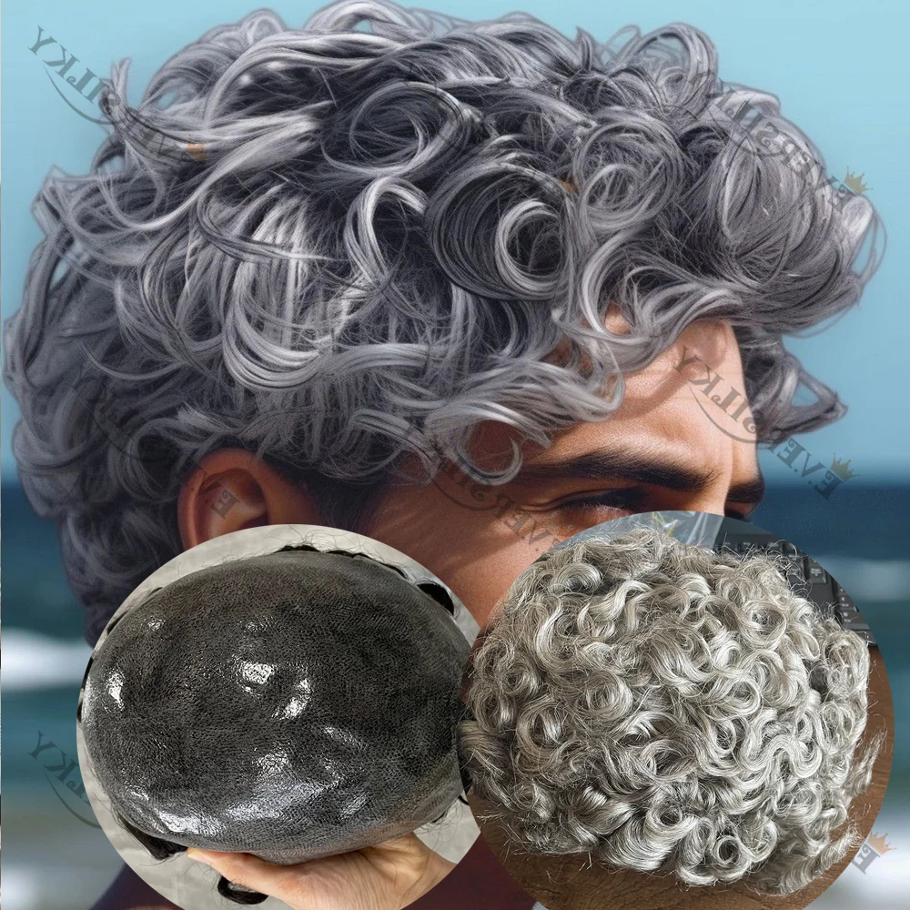 

Man 28mm Loose Curly Toupee White Blonde Grey 1b80 Black Natural Human Hair Wigs Thin Skin PU Male System Capillary Prosthesis