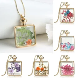 New Dried Flower Woman's Necklaces Geometric Round Square Glass Heart Pendant Gift for Trendy Anniversary Festival Birthday