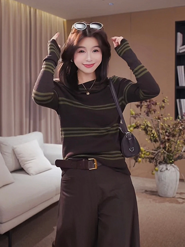 Retro Design Striped Long Sleeve Knitted Top Shoulder Baring Trendy Women's Fashion Commute Style Regular Fit Medium Softness