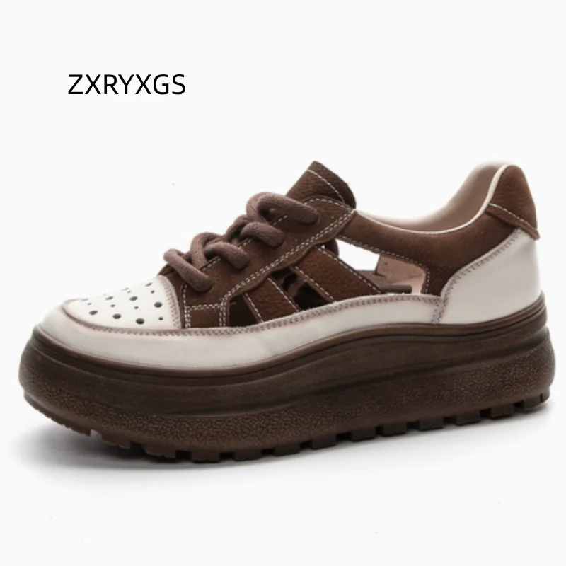 ZXRYXGS 2026 New Round Toe Lace-up Women Cowhide Sandals Hollow Spell Color Summer Sneakers Sandals Platform Elevated Sandals