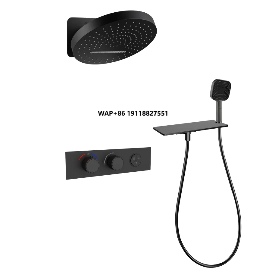 Brass Three Function Constant Temperature Concealed Shower Black Wall Mounted Circular Rain Shower Head Set