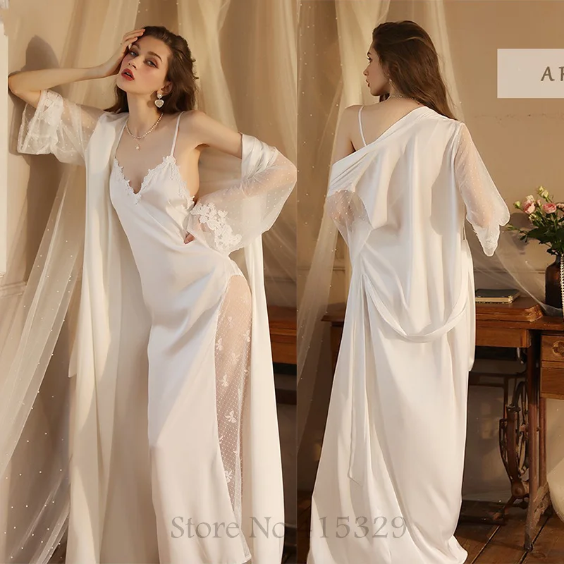 Panna młoda szlafrok zestaw damski seksowny koronkowy Patchwork koszula nocna długa Kimono szlafrok luźna koszula nocna bielizna intymna