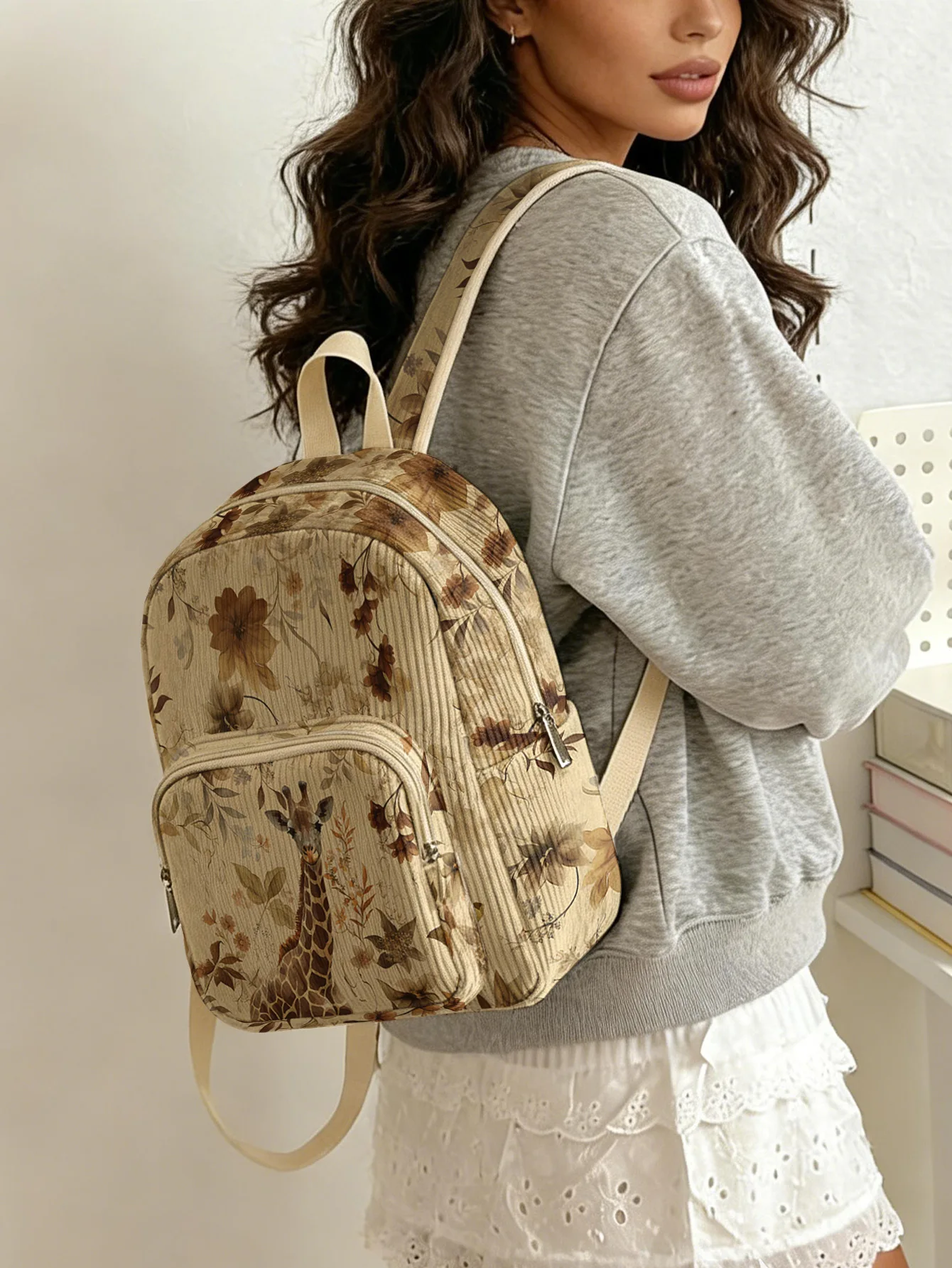 

Винтажный женский модный рюкзак с принтом жирафа и цветочным узором, вельветовая сумка с множеством карманов, большая вместительная сумка для поездок на работу