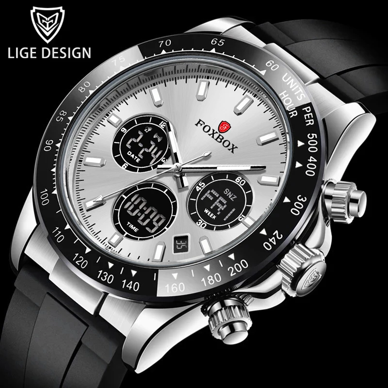 LIGE Top Brand Luxury FOXBOX Men Watch Calendar Date Week Quartz Wristwatch Dual Display Digital Watches Mens Luminous Clock Man