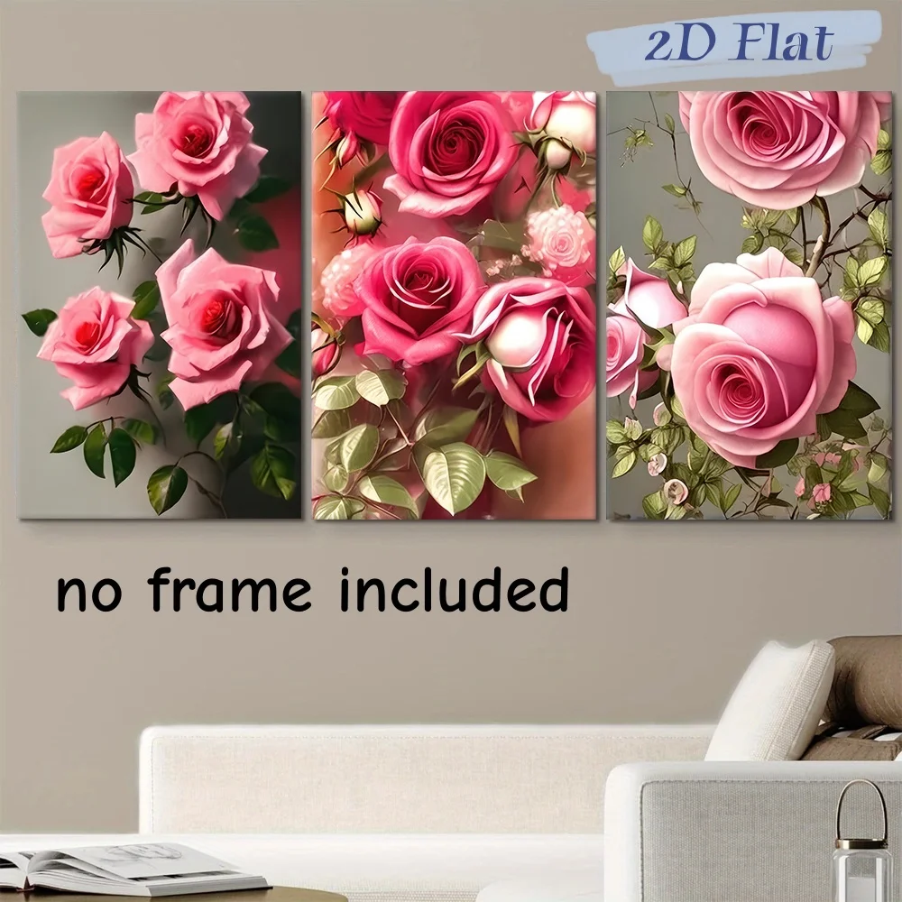 3-piece modern minimalist pink rose frameless canvas hanging painting living room bedroom foyer decoration painting Nordic style