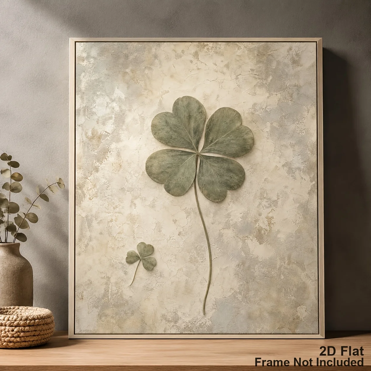 (No frame)2D Flat, Posters And Prints, Vintage Neutral Four-Leaf Clover Canvas Print, Vintage Textured Wall Art, Muted Green