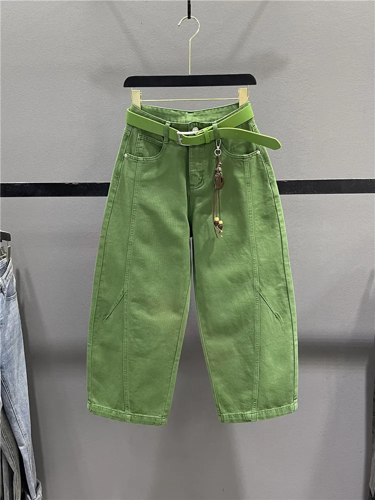 

Retro Green Curved Blade Jeans Women's Loose Casual Nine Point Wide Leg Old Dad Pants Spring Summer New Style Small Size
