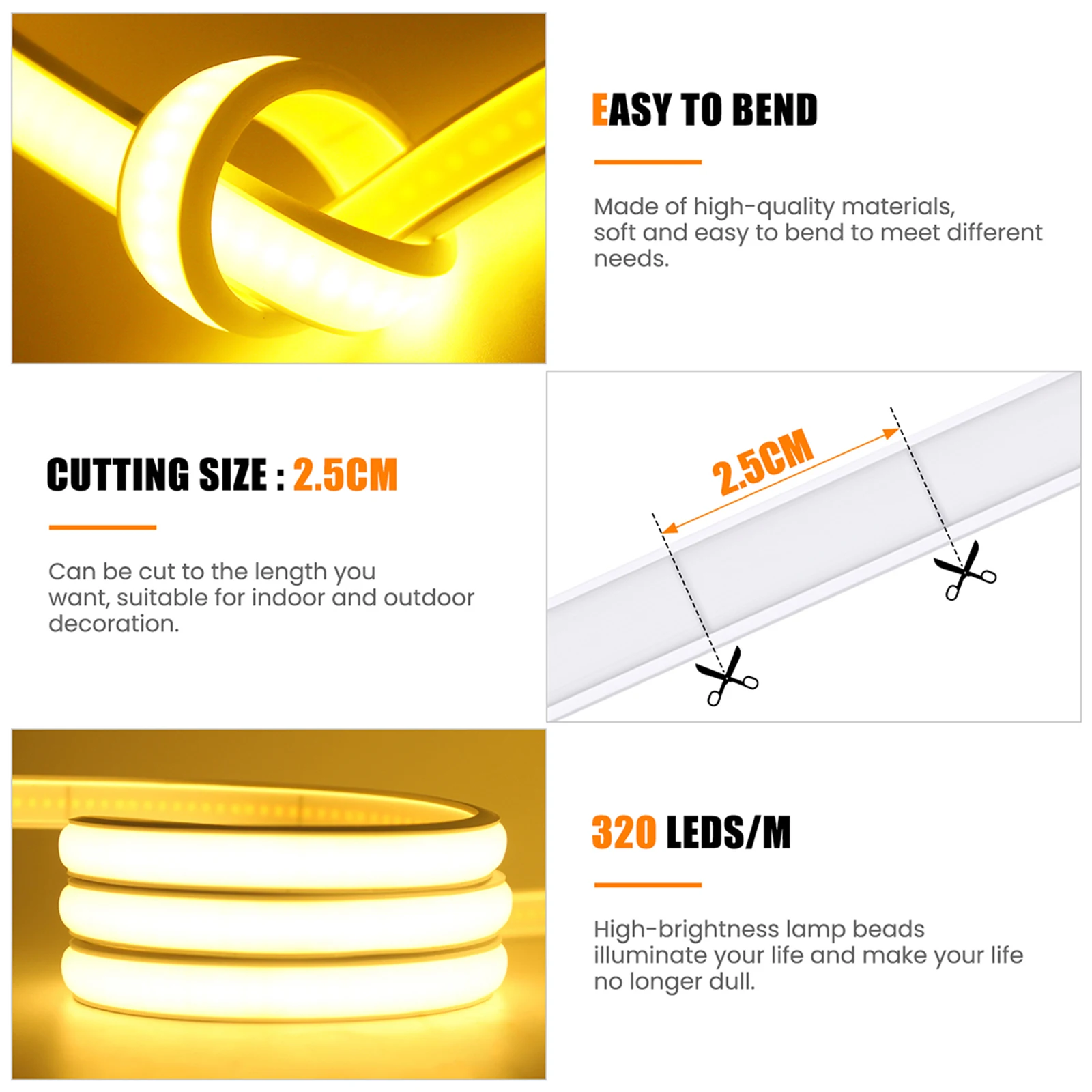 5V COB Neon LED Light Strip USB Dimmer Switch 320LED/m White Natural Warm Flex Waterproof Tube Mirror TV Backlight Lighting Lamp