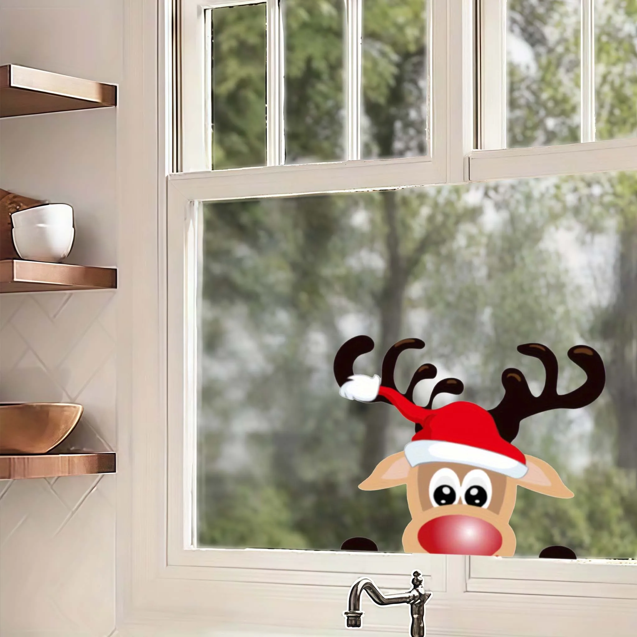 1PC adesivi autoadesivi in vetro per finestra con renna natalizia per frigorifero da parete per auto, decorazione domestica impermeabile per cartoni animati