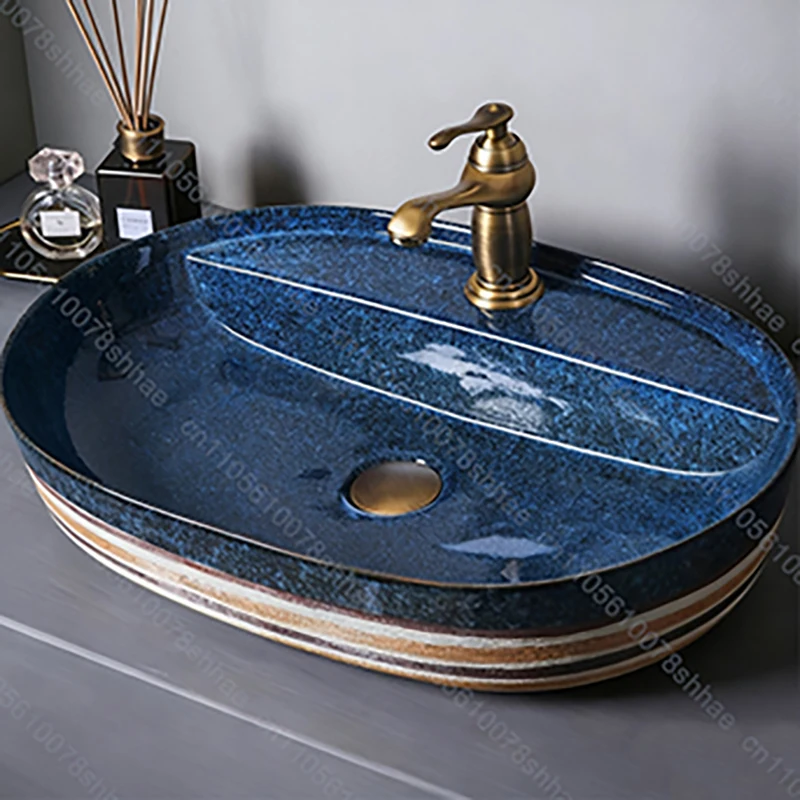 Vintage Ceramic Vessel Sink Oval Bathroom Art Basin Above Counter Wash Bowl Ceramic Bathroom Sink Countertop Basin Artistic