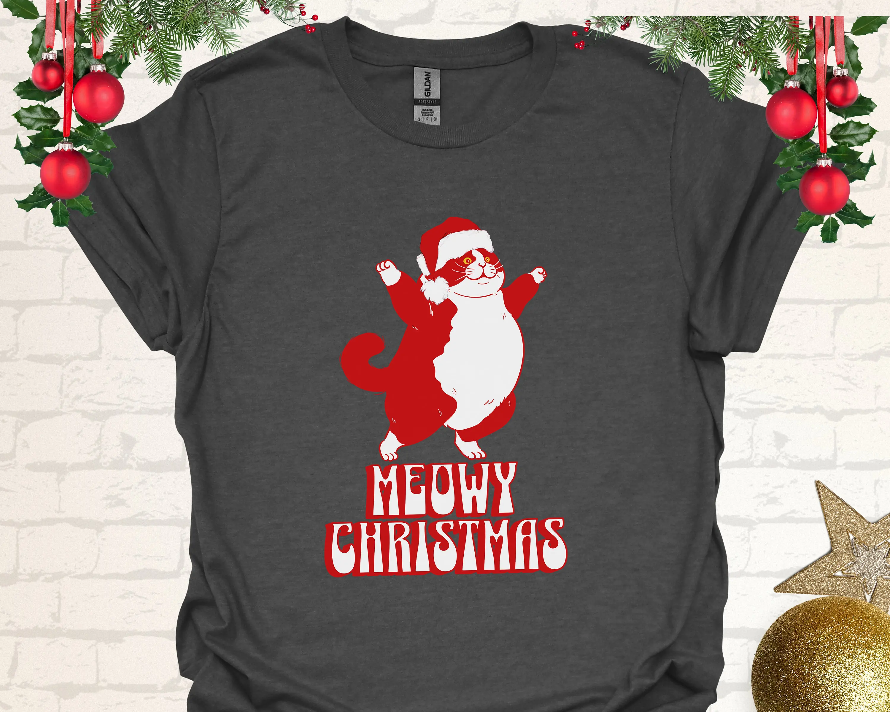 

Meowy Christmas T Shirt Funny With Fat Cat Wearing A Santa Hat For Fans