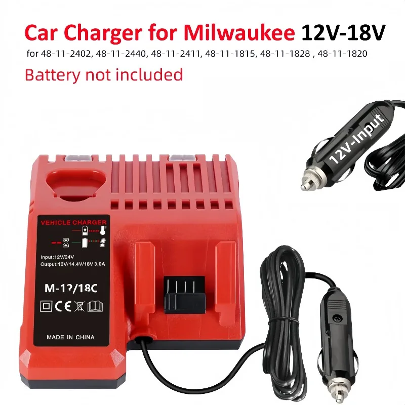 Car Charger for Milwaukee 12V/18V Li-Ion Battery 48-11-2402, 48-11-2440, Cigarette Lighter Plug Quick Charger with LED Indicator