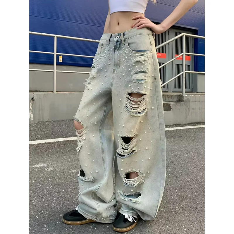 Women's Fashion High Street Destroyed Jeans Pants With Pearls Loose Fit Vibe Style Hip Hop Denim Trousers Ripped Jeans With Hole