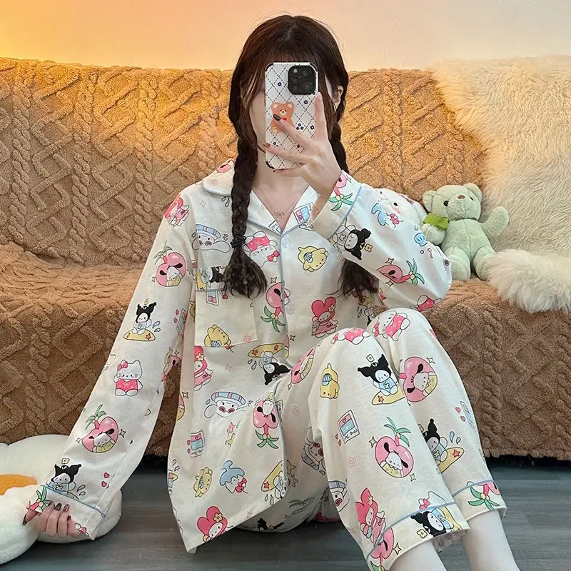 Sanrio Hello Kitty Cardigan Pajama Set Anime Cartoon Pochacco Thin Cinnamoroll Pajamas Spring Autumn Cute Girls Home Clothes