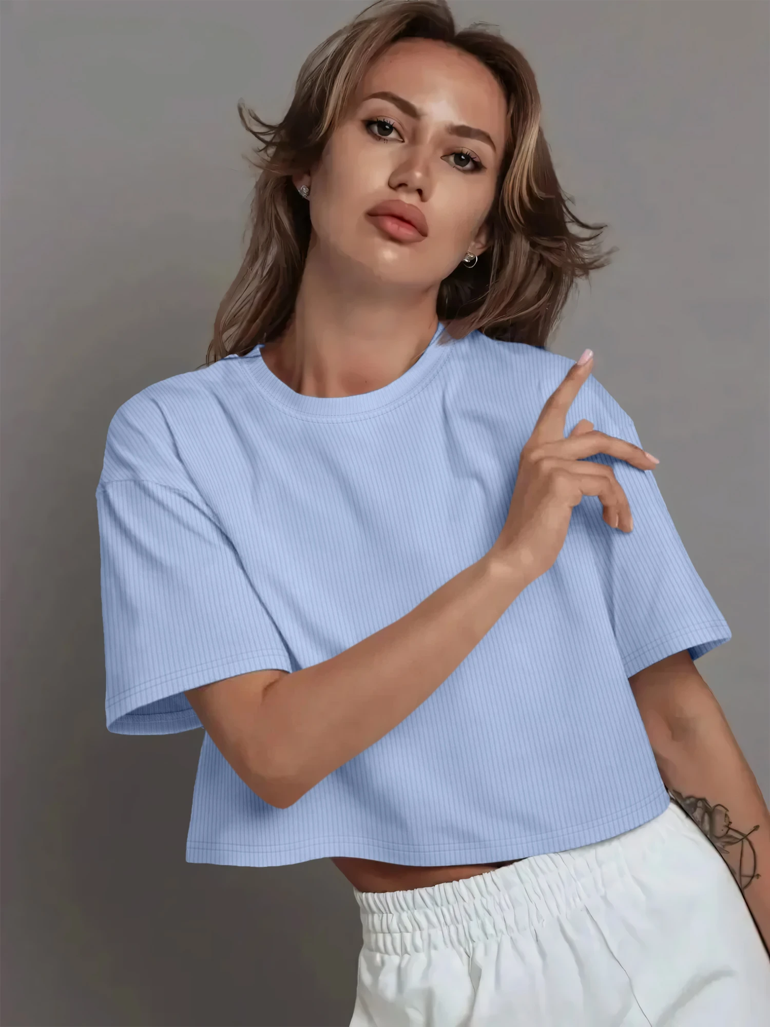 Coquette Style Women Loose Cropped Short Sleeve Top Vertical Rib Knit Solid Daily Fashion Shirts