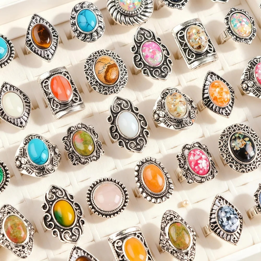 15Pcs/Lot Vintage Boho Natural Stone Rings Set For Men Women Mix Style Wholesale Jewelry Rock Gifts Party Wearing Accessories