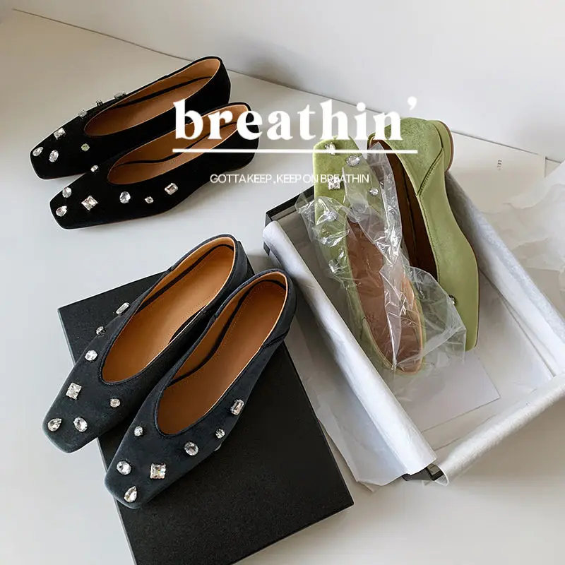 2026 new spring autumn women pumps natural leather 22-25cm flannel+cowhide+pigskin square toe crystal low heel women shoes