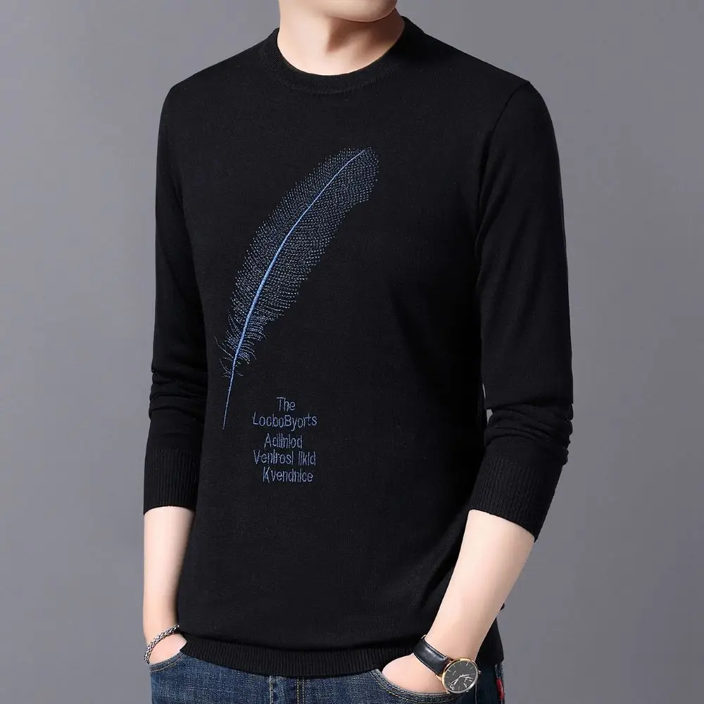 COODRONY Men's New Popular Fashion Long Sleeve T-shirt Feather Pattern Design Sense Top 2023 New Casual Warm Sweater W5808