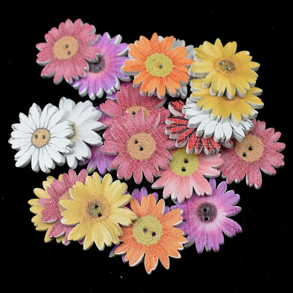 50PCS 25MM Sunflower Random Mixed Flower Painted Wooden Buttons Decorative Buttons for Sewing Scrapbooking Crafts DIY Craft