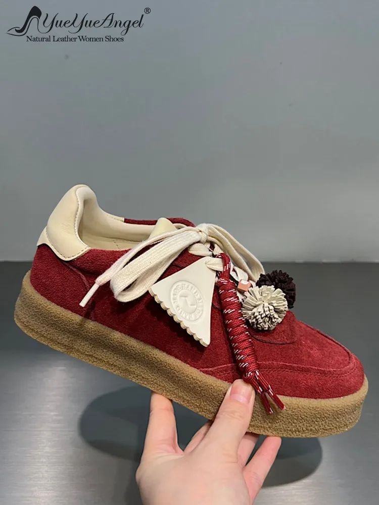 Fashion Designer Women Comfortable Tassel Cow Suede Leather Pumps Round Toe Lace Up Skateboard Mid Heels Versatile Female Shoes