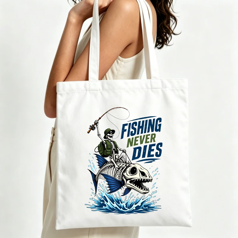 Men's skull and fish graphic canvas tote bag with slogan print, ideal for casual outdoor outings and fishing trips