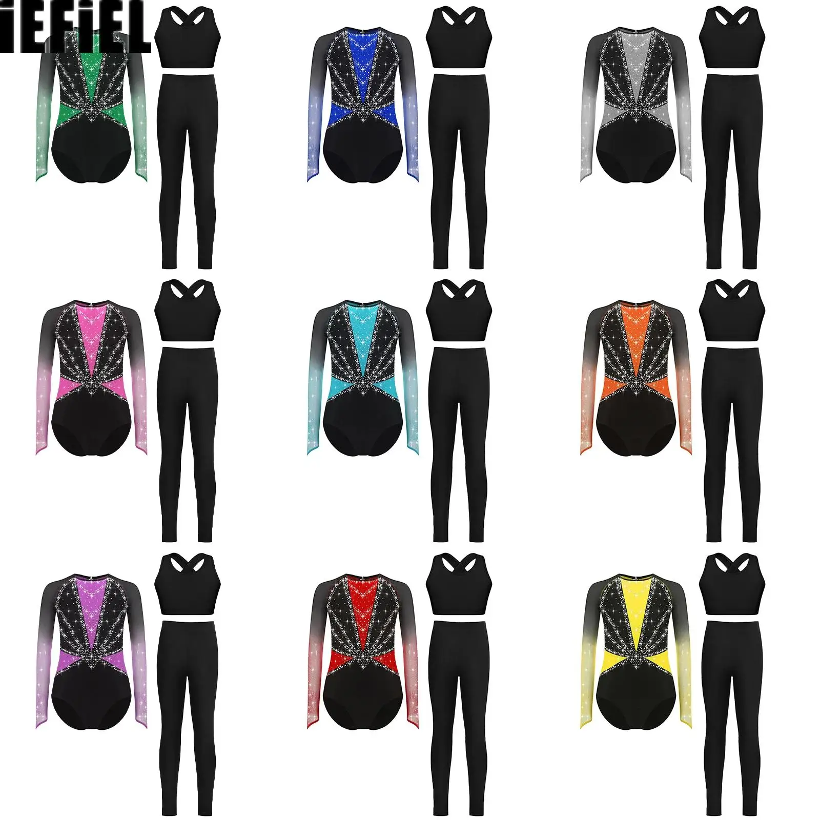 

Kids Girls Color Block Ballet Outfits Mesh Shiny Rhinestones Leotard with U Neck Cross Cutout Back Vest And Leggings