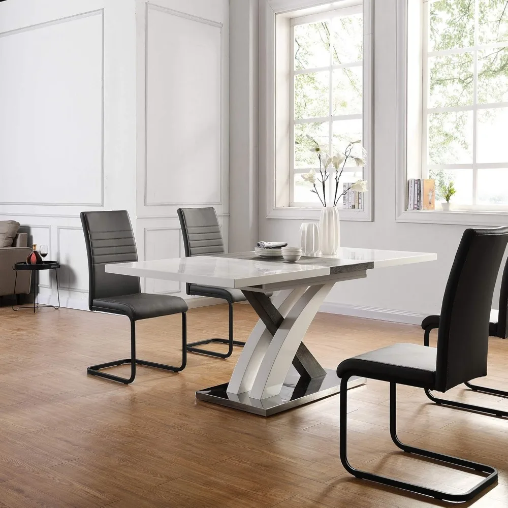Mesa de comedor extensible blanca de alto brillo de 6 a 8 plazas con base de acero inoxidable
